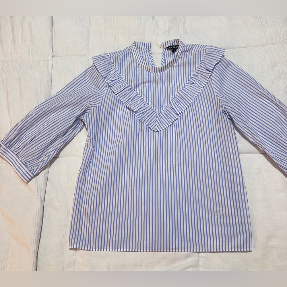 Express Blue and White Striped Ruffle Blouse